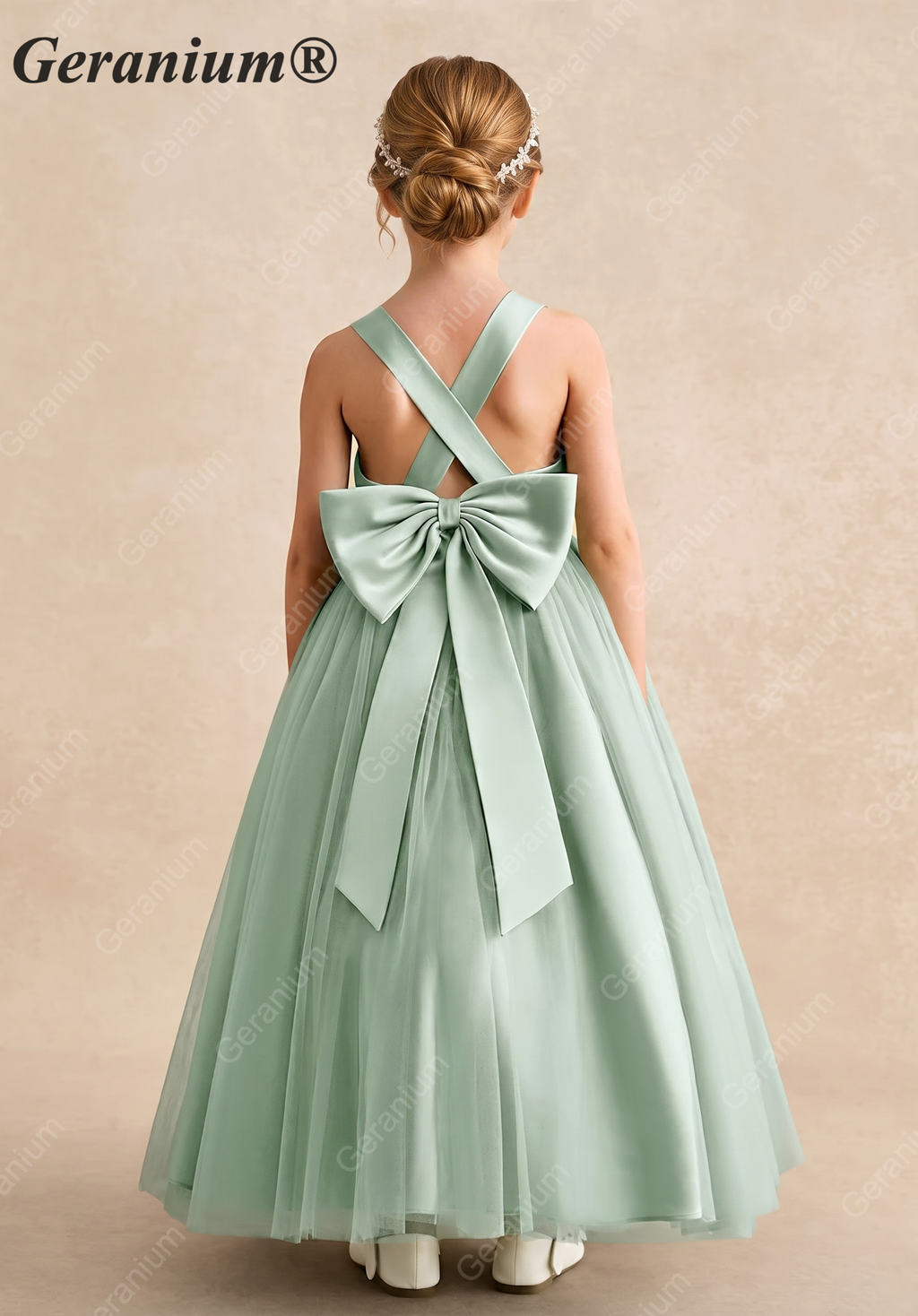 Geranium Elegant V-Neck Sage Green Flower Girl Dress - Tulle Ball Gown with Criss-Cross Back and Removable Big Bow KD-209