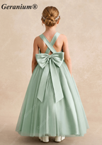Geranium Elegant V-Neck Sage Green Flower Girl Dress - Tulle Ball Gown with Criss-Cross Back and Removable Big Bow KD-209