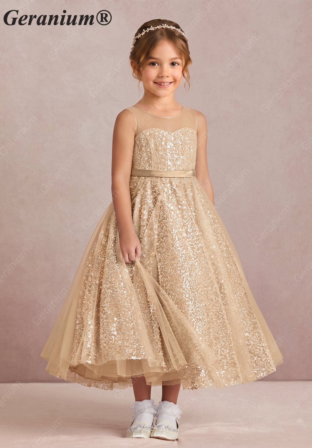 Geranium Luxury Champagne Gold Sequin Flower Girl Dress - Illusion Neckline Tulle Ball Gown for Kids KD-267