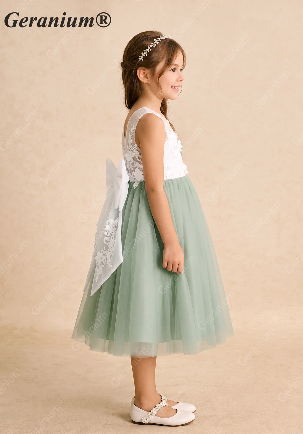 Geranium Sage Green Flower Girl Dress: Embroidered Lace Applique Bodice with Oversized Back Bow KD-200
