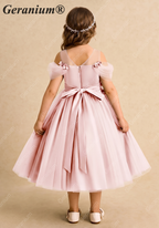 Geranium Enchanting Blush Pink Off-the-Shoulder Flower Girl Dress - Floral Appliqué Tulle Tutu Princess Gown KD-248