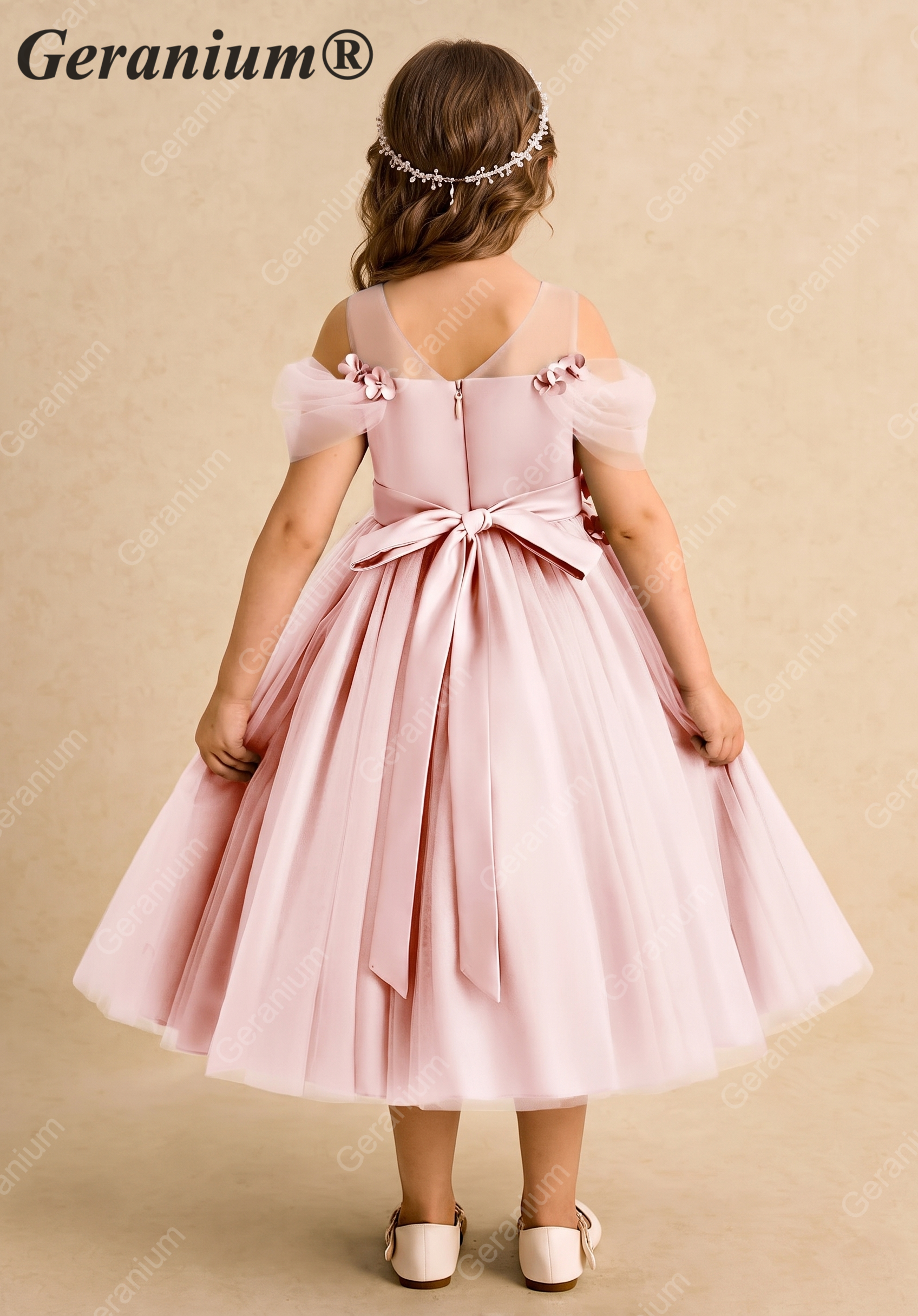 Geranium Enchanting Blush Pink Off-the-Shoulder Flower Girl Dress - Floral Appliqué Tulle Tutu Princess Gown KD-248