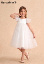 Geranium Elegant White Tulle Flower Girl Dress with Detachable Oversized Pink Back Bow - Flutter Sleeve Princess Gown KD-213