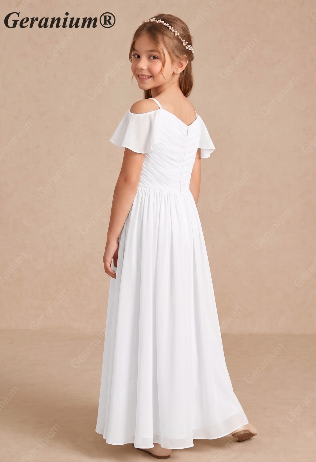 Geranium Cold Shoulder Chiffon Flower Girl Dress with Ruched V-Neck Bodice KD-260