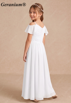 Geranium Cold Shoulder Chiffon Flower Girl Dress with Ruched V-Neck Bodice KD-260