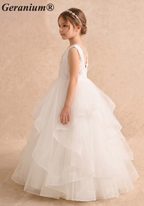 Geranium Elegant Pearl Back Tiered Tulle Flower Girl Dress - Luxury Communion & Birthday Ball Gown KD-279