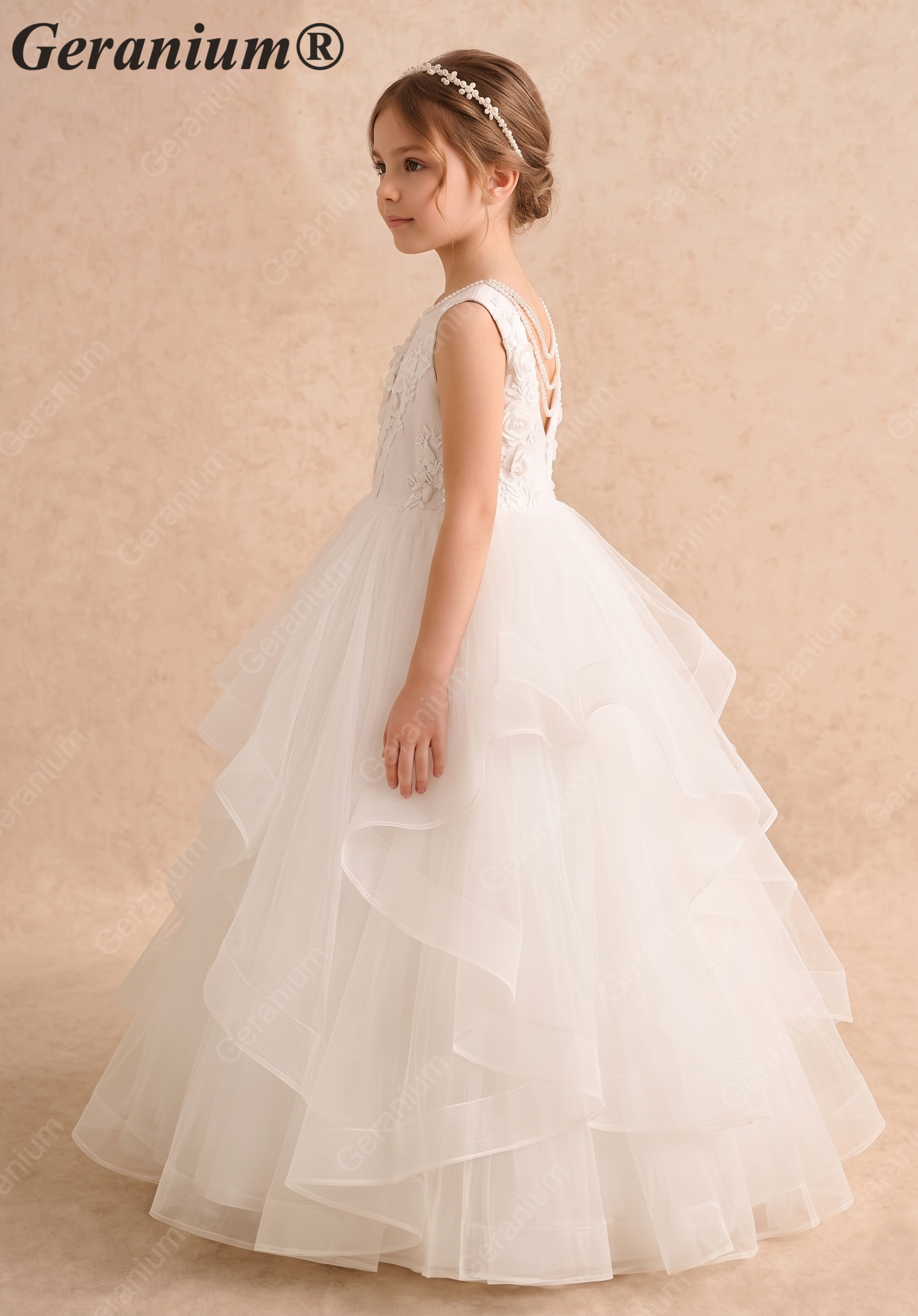 Geranium Elegant Pearl Back Tiered Tulle Flower Girl Dress - Luxury Communion & Birthday Ball Gown KD-279
