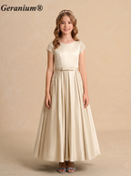 Geranium Champagne Lace Bodice Satin A-Line Flower Girl Dress with Detailed Hidden Pockets & Pearl Buttons KD-172