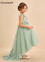 Geranium 3D Floral Applique Sage Green Flower Girl Dress - High-Low Tulle Ball Gown with Satin Bow KD-91