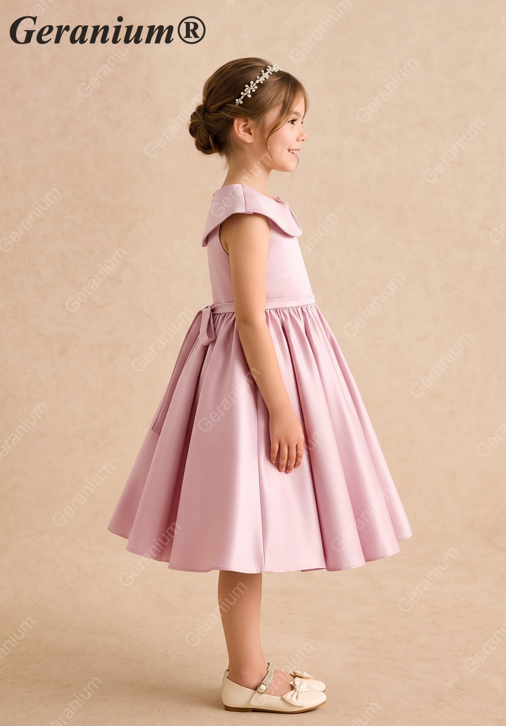 Geranium Elegant Girls' Pink Satin A-Line Party Dress with Oversized Bow Collar - Perfect for Flower Girls & Birthdays KD-222