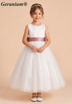 Geranium Elegant White Tulle Flower Girl Dress with Dusty Rose Sash & Oversized Back Bow KD-195