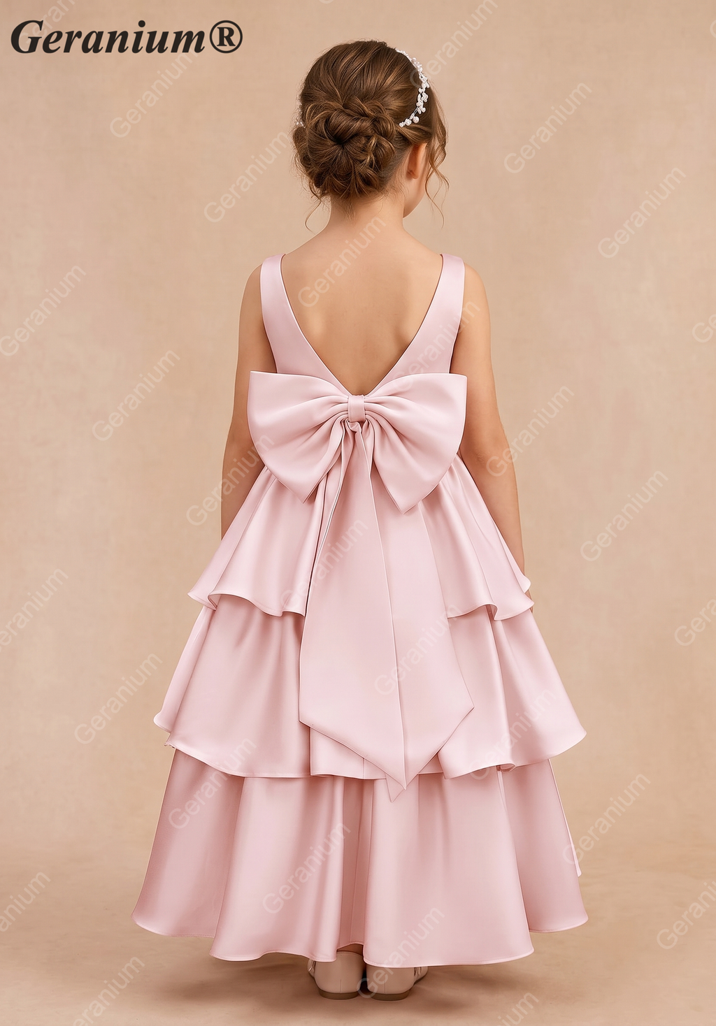 Geranium Elegant Pink Satin Tiered Flower Girl Dress with Oversized Back Bow | Tulle Ruffle Princess Party Gown KD-188