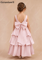 Geranium Elegant Pink Satin Tiered Flower Girl Dress with Oversized Back Bow | Tulle Ruffle Princess Party Gown KD-188