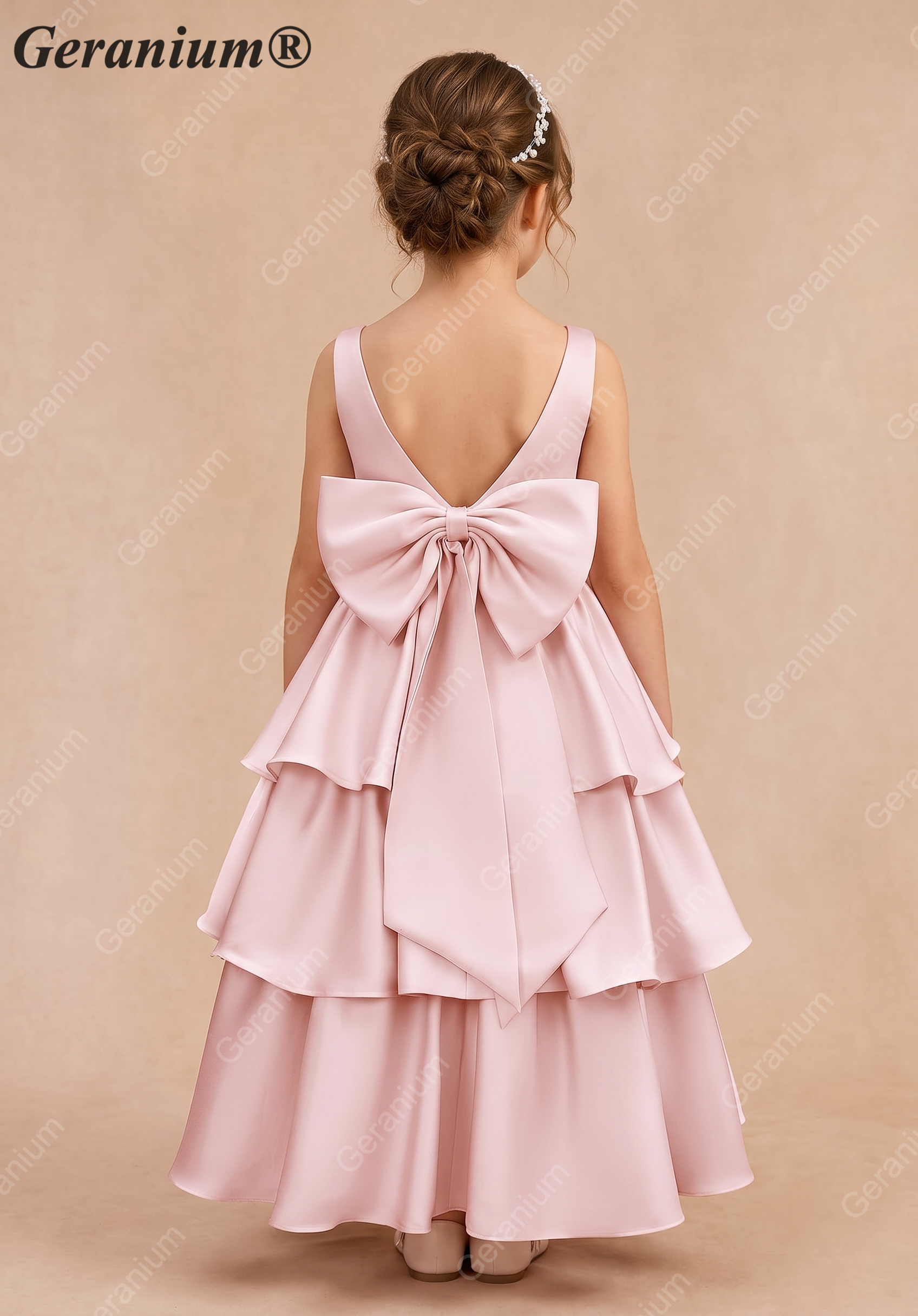 Geranium Elegant Pink Satin Tiered Flower Girl Dress with Oversized Back Bow | Tulle Ruffle Princess Party Gown KD-188