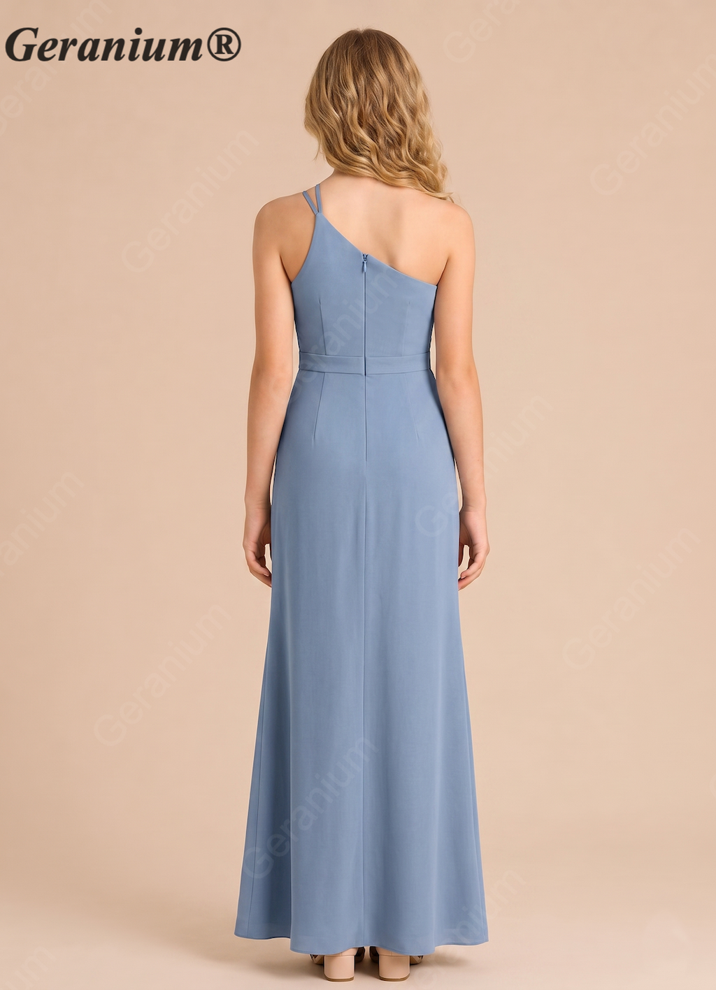 Geranium Dusty Blue One Shoulder Bridesmaid Dress with Slit – Ruched Waist Elegant Long Chiffon Gown KD-102