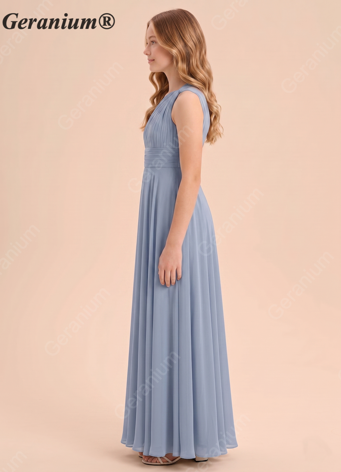 Geranium Dusty Blue One-Shoulder Chiffon Bridesmaid Dress with Pleated Bodice & Flowing A-Line Skirt KD-79