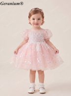 Geranium Sparkling Pink Sequined Flower Girl Dress with Puff Sleeves - Enchanted Butterfly Toddler Princess Gown for Birthdays & Weddings KD-367