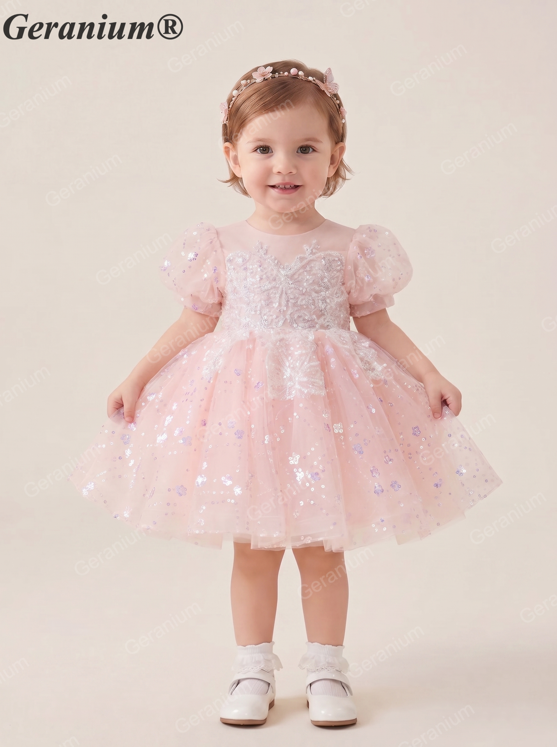 Geranium Sparkling Pink Sequined Flower Girl Dress with Puff Sleeves - Enchanted Butterfly Toddler Princess Gown for Birthdays & Weddings KD-367