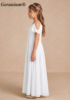 Geranium Cold Shoulder Chiffon Flower Girl Dress with Ruched V-Neck Bodice KD-260