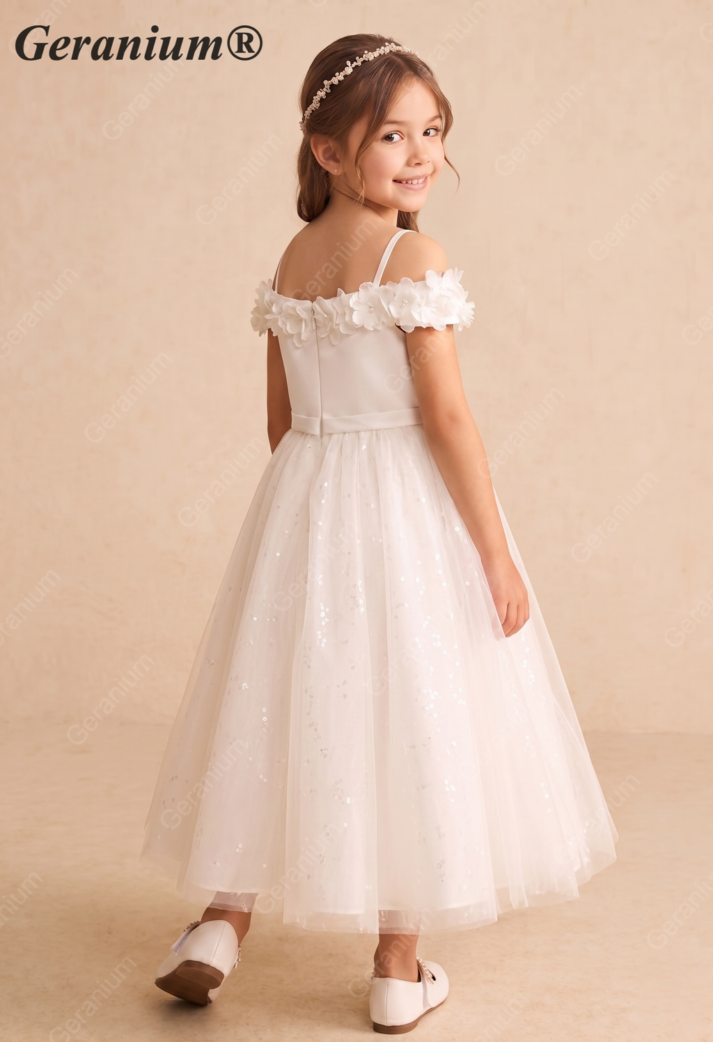 Geranium 2-in-1 Off-the-Shoulder Flower Girl Dress with 3D Floral Appliques & Tulle Skirt KD-233