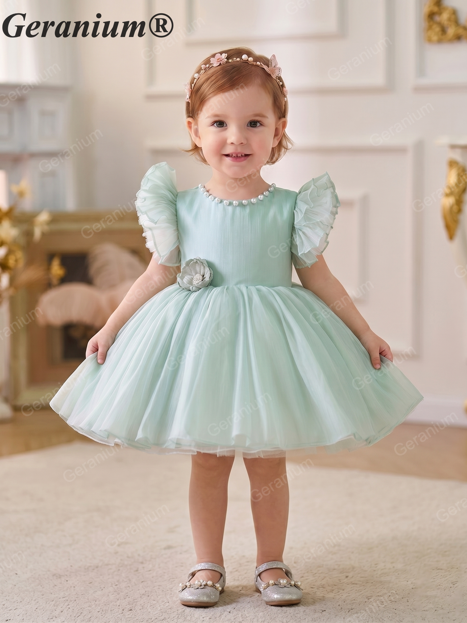 Geranium Toddler Girl Tulle Party Dress with Pearl Neckline and Ruffled Cap Sleeves - Perfect for Birthdays, Flower Girls, Formal Events KD-371
