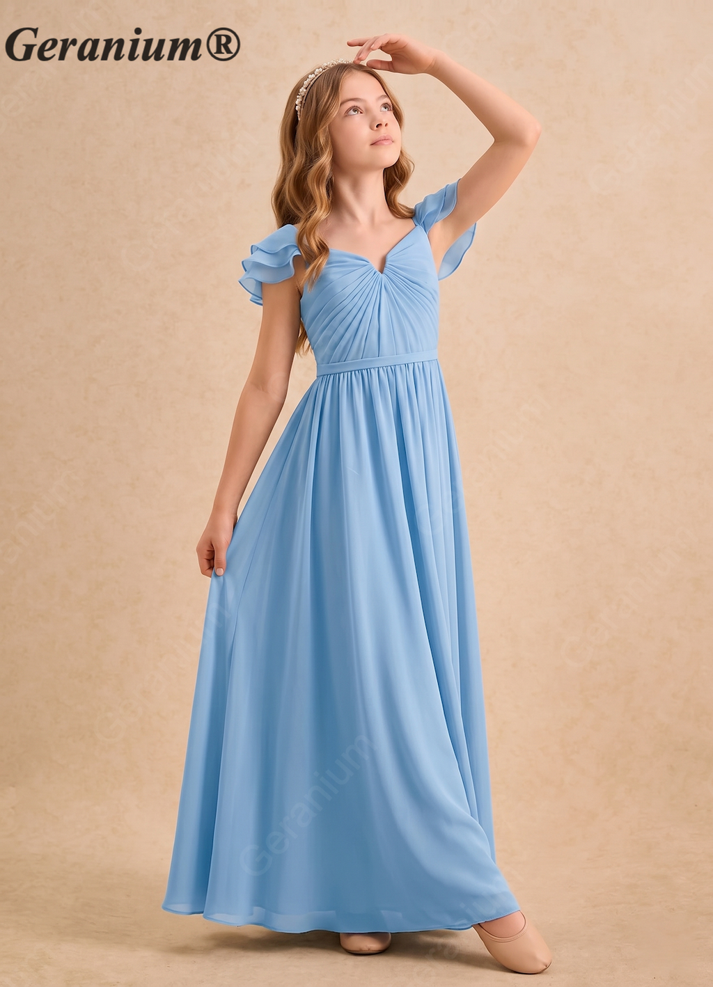 Geranium Elegant Chiffon Junior Bridesmaid Dress with Flutter Sleeves & Pleated V-Neck KD-126