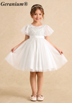 Geranium Elegant Lace Flower Girl Dress with Flutter Sleeves & Satin Bow - Knee Length Tulle Princess Gown KD-247