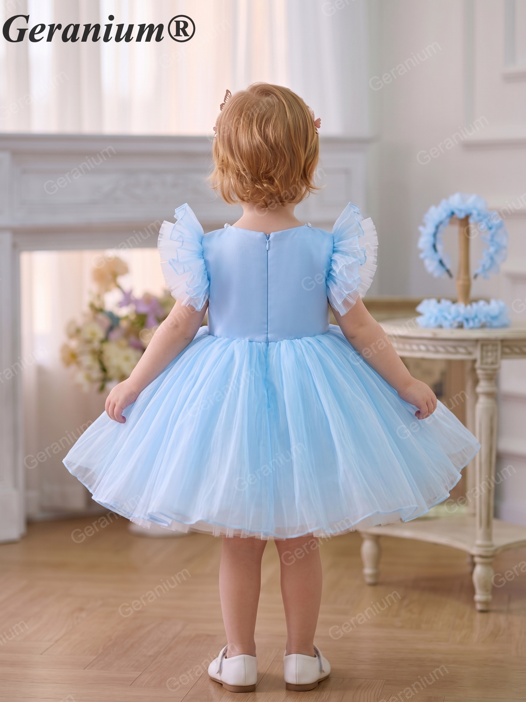 Geranium Toddler Girl Tulle Party Dress with Pearl Neckline and Ruffled Cap Sleeves - Perfect for Birthdays, Flower Girls, Formal Events KD-371