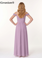 Geranium Junior Lavender Chiffon Off-Shoulder Bridesmaid Dress – A-Line Floor Length KD-58