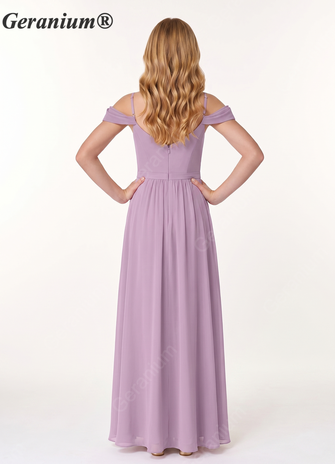 Geranium Junior Lavender Chiffon Off-Shoulder Bridesmaid Dress – A-Line Floor Length KD-58