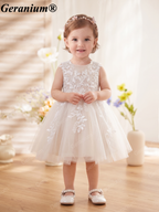Geranium Elegant Champagne Floral Embroidery Flower Girl Dress with Oversized Back Bow KD-25