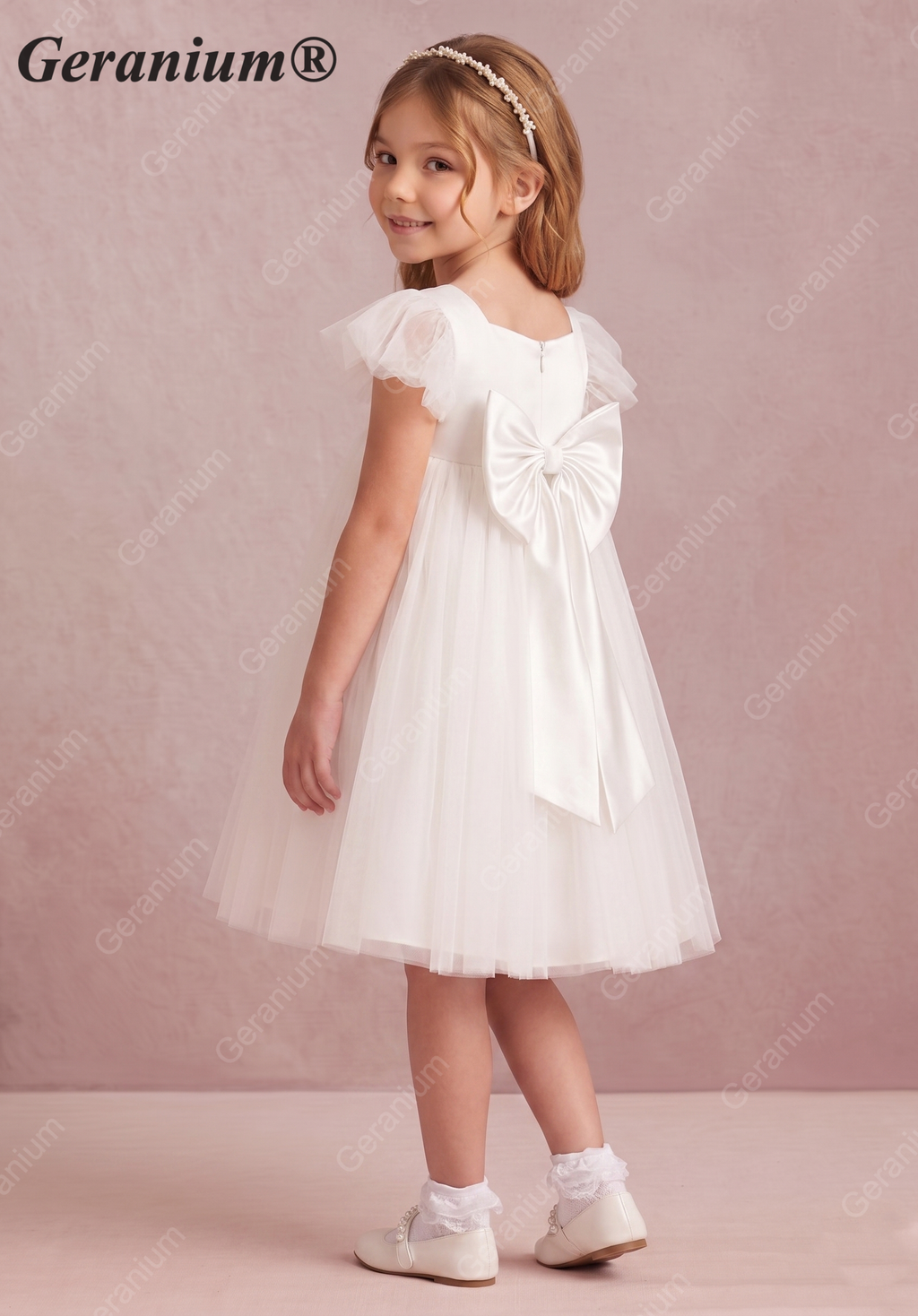 Geranium Girl's Tulle Princess Dress with Back Bow - Flutter Sleeve Flower Girl Gown for Weddings and Parties KD-242