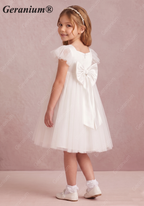 Geranium Girl's Tulle Princess Dress with Back Bow - Flutter Sleeve Flower Girl Gown for Weddings and Parties KD-242