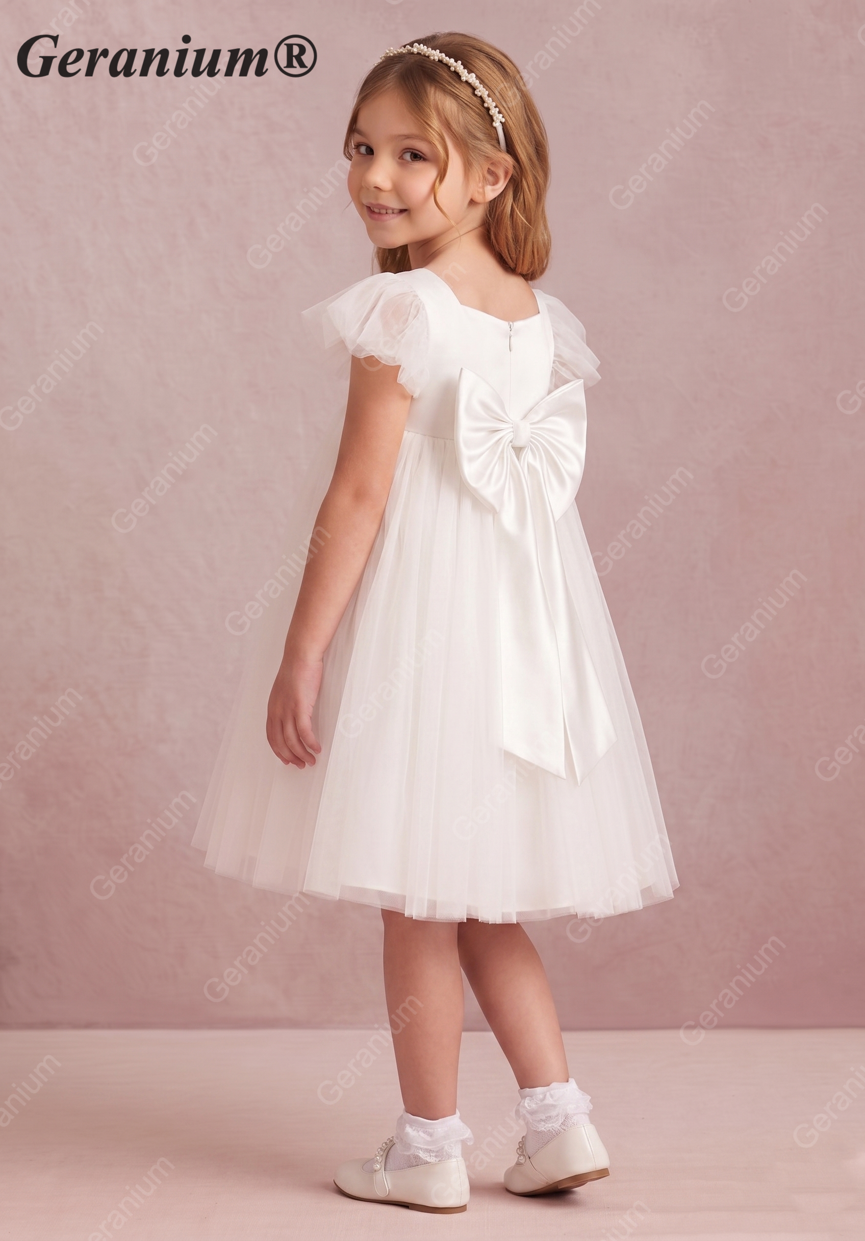 Geranium Girl's Tulle Princess Dress with Back Bow - Flutter Sleeve Flower Girl Gown for Weddings and Parties KD-242