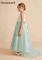 Geranium Enchanting Sage Green Sequin Tulle Flower Girl Dress - Elegant Floor-Length Formal Gown for Weddings & Parties KD-238