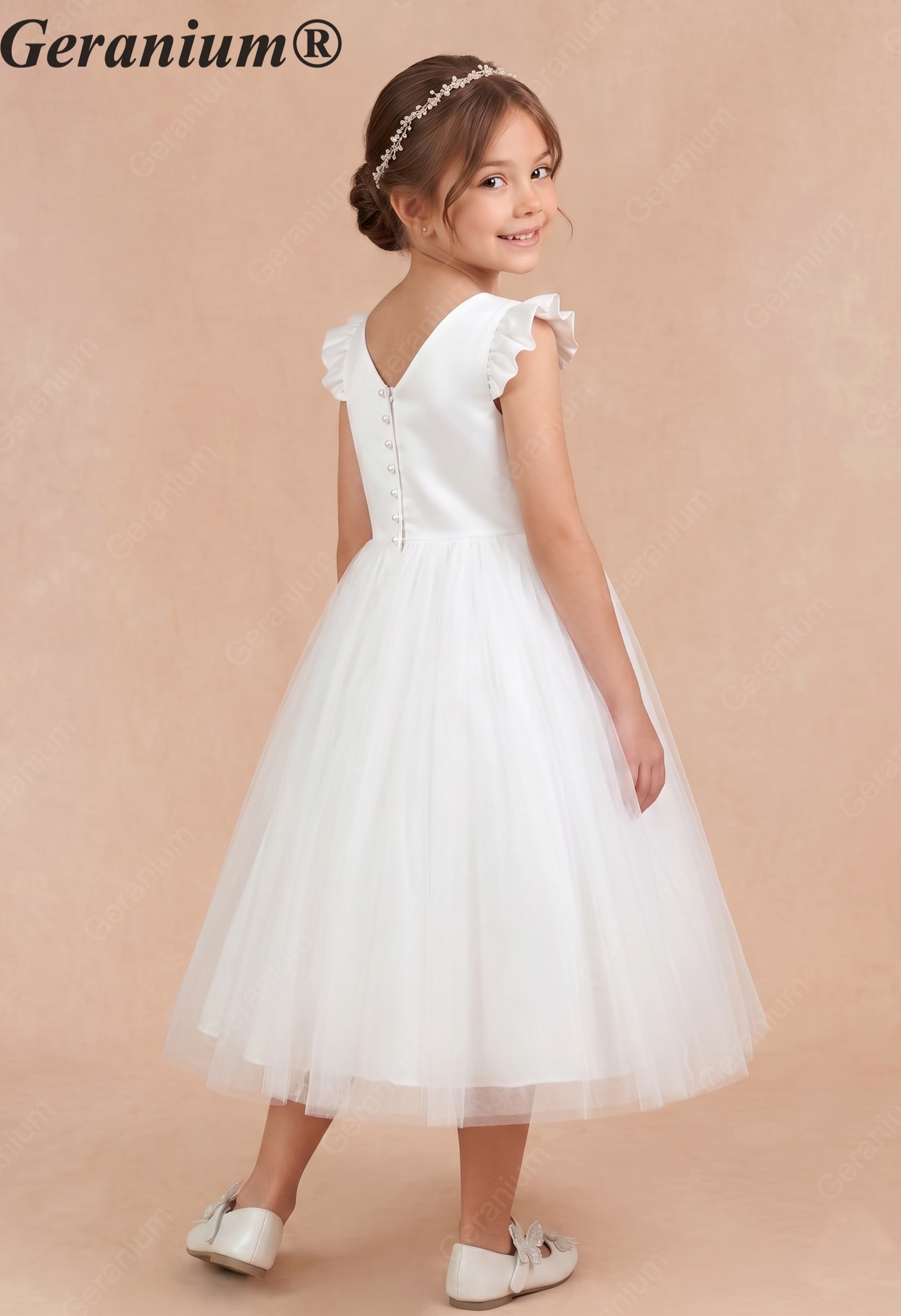 Geranium Elegant White Flower Girl Dress - Ruffle Cap Sleeve Tulle A-Line Party Gown with Optional Mauve Sash KD-272