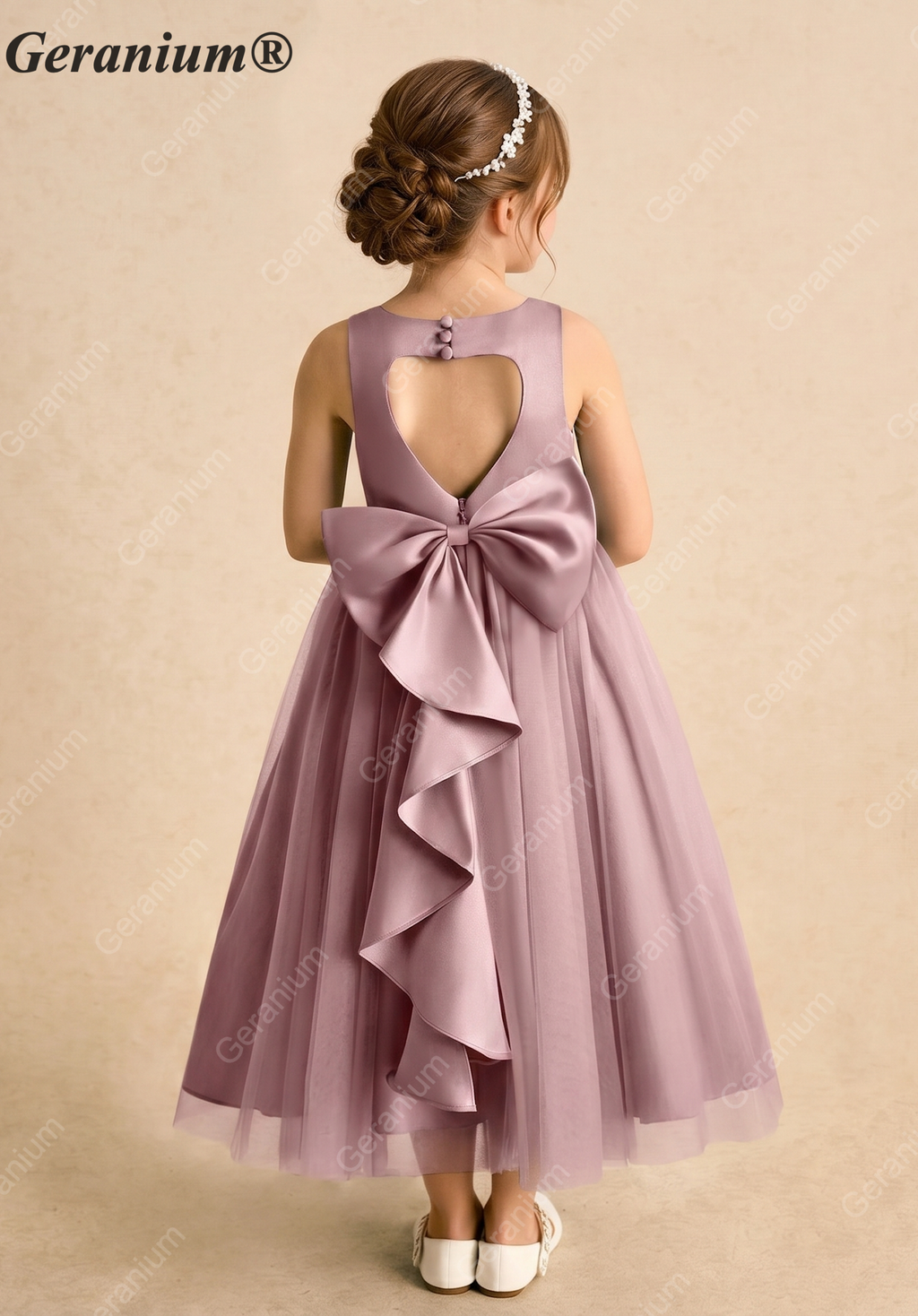Geranium Heart Back Dusty Rose Tulle Flower Girl Dress with Oversized Detachable Bow KD-182