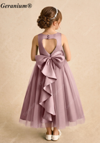 Geranium Heart Back Dusty Rose Tulle Flower Girl Dress with Oversized Detachable Bow KD-182