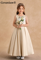 Geranium Elegant Champagne Satin Flower Girl Dress - Sleeveless A-Line Party Gown with Oversized Detachable Bow KD-220