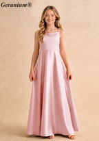 Geranium Elegant Square Neck Satin Flower Girl Dress with Detachable Back Bow - Dusty Rose KD-215