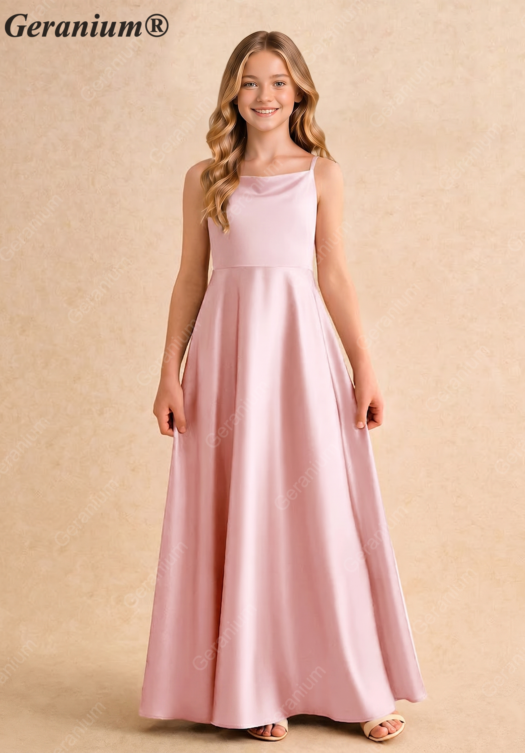 Geranium Elegant Square Neck Satin Flower Girl Dress with Detachable Back Bow - Dusty Rose KD-215