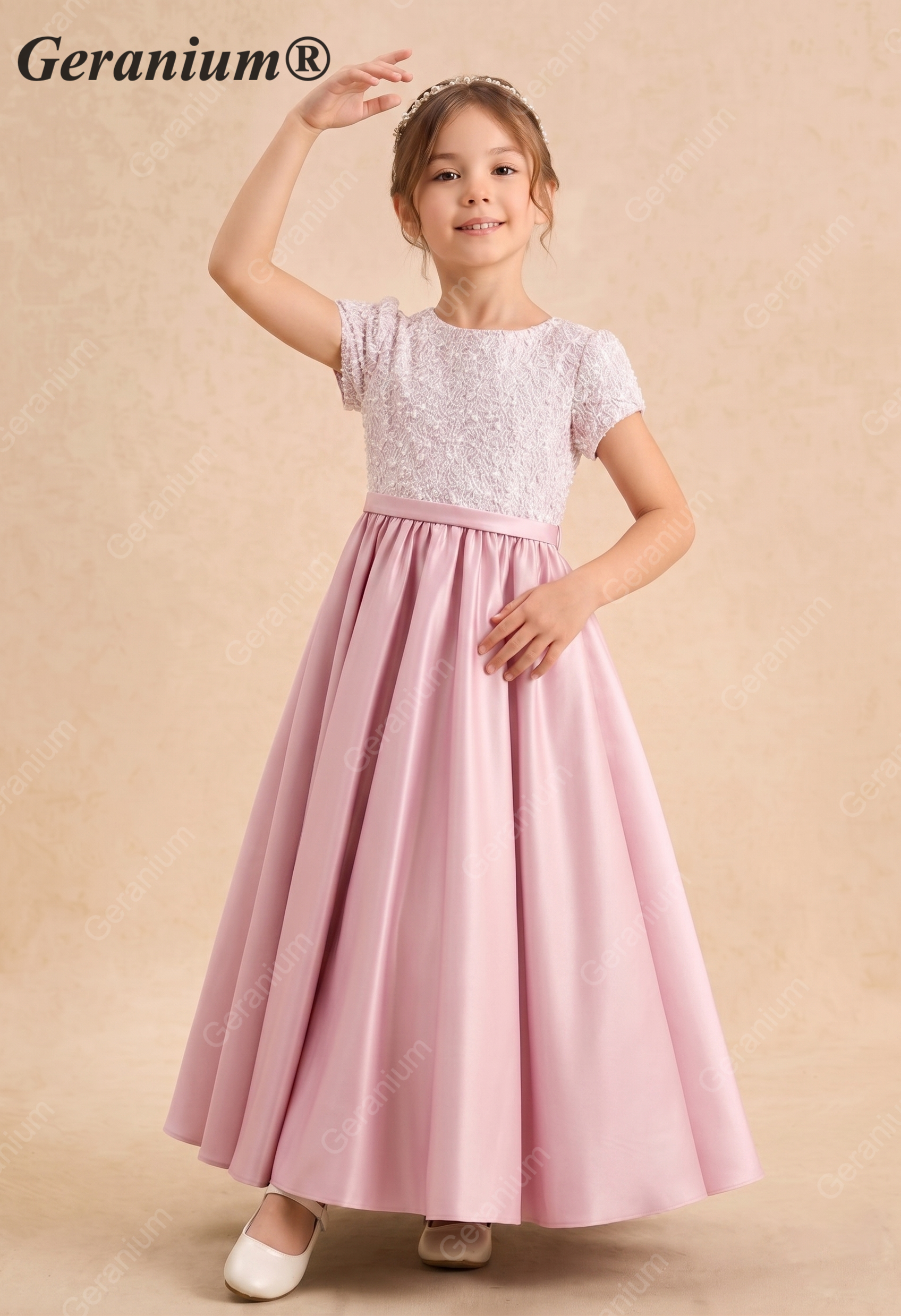 Geranium Elegant Pink Pearl Beaded Lace Flower Girl Dress with Triple Bow Back & Satin A-Line Skirt KD-237 Secondary image