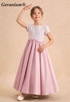 Geranium Elegant Pink Pearl Beaded Lace Flower Girl Dress with Triple Bow Back & Satin A-Line Skirt KD-237