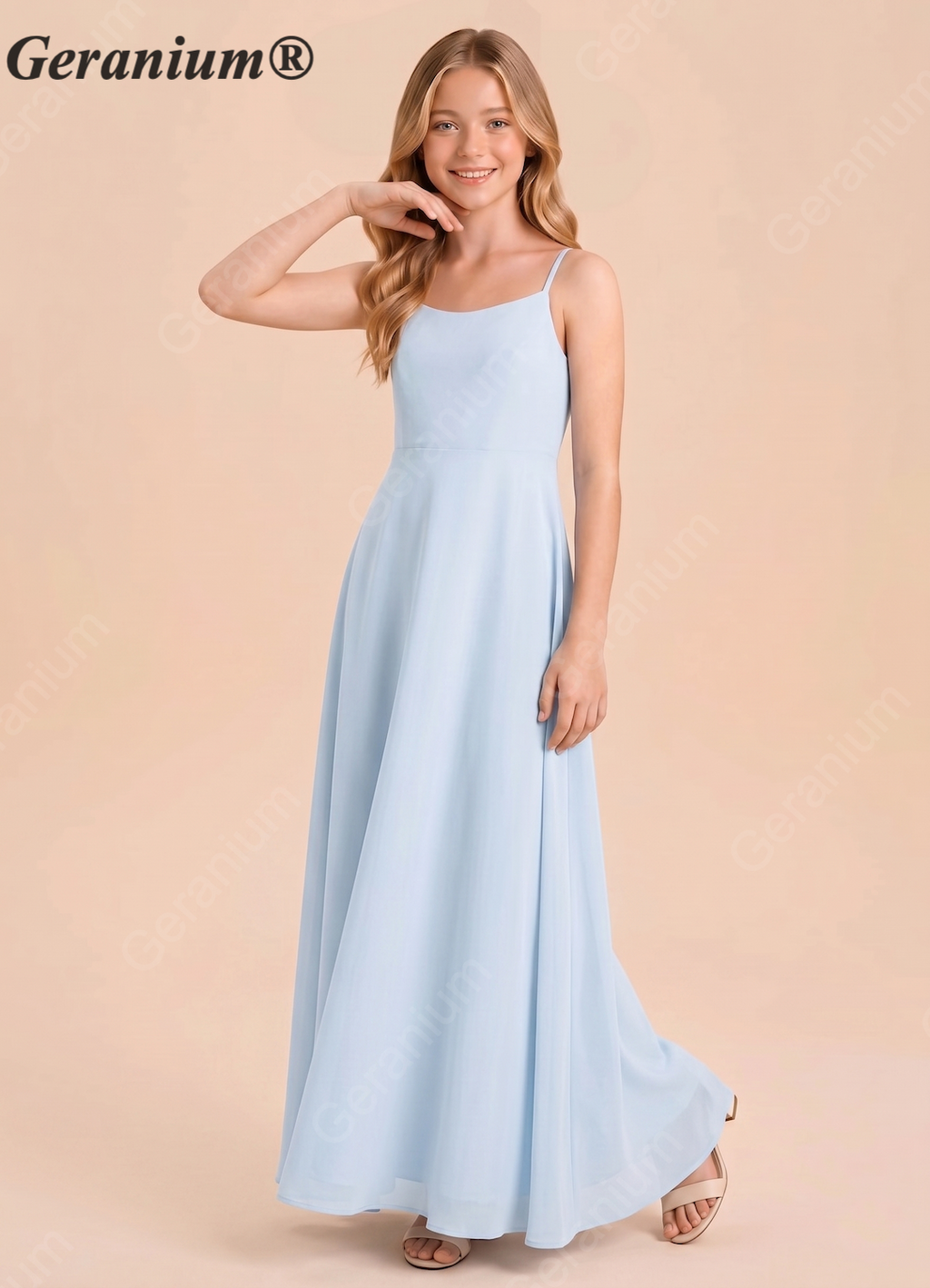 Geranium Elegant Sky Blue Bridesmaid Dress A-Line Spaghetti Strap with Open Back Bow KD-95