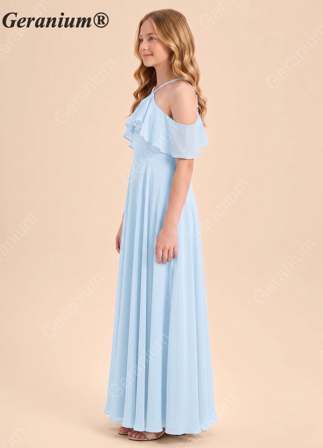 Geranium Cold-Shoulder Chiffon Bridesmaid Gown: Ruffled Halter Neckline, A-Line Floor-Length KD-175