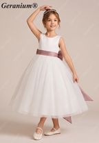 Geranium Elegant White Tulle Flower Girl Dress with Dusty Rose Sash & Oversized Back Bow KD-195