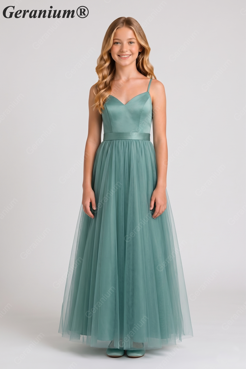 Geranium Elegant Sage Green Tulle & Satin Junior Bridesmaid Dress | V-Neck A-Line Tween Formal Gown with Cutout Back KD-328