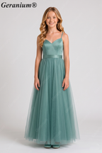 Geranium Elegant Sage Green Tulle & Satin Junior Bridesmaid Dress | V-Neck A-Line Tween Formal Gown with Cutout Back KD-328