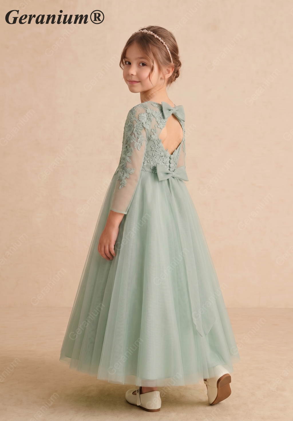 Geranium Sage Green Lace Applique Long Sleeve Flower Girl Dress - Heart Cut-out Back Tulle Princess Gown KD-289