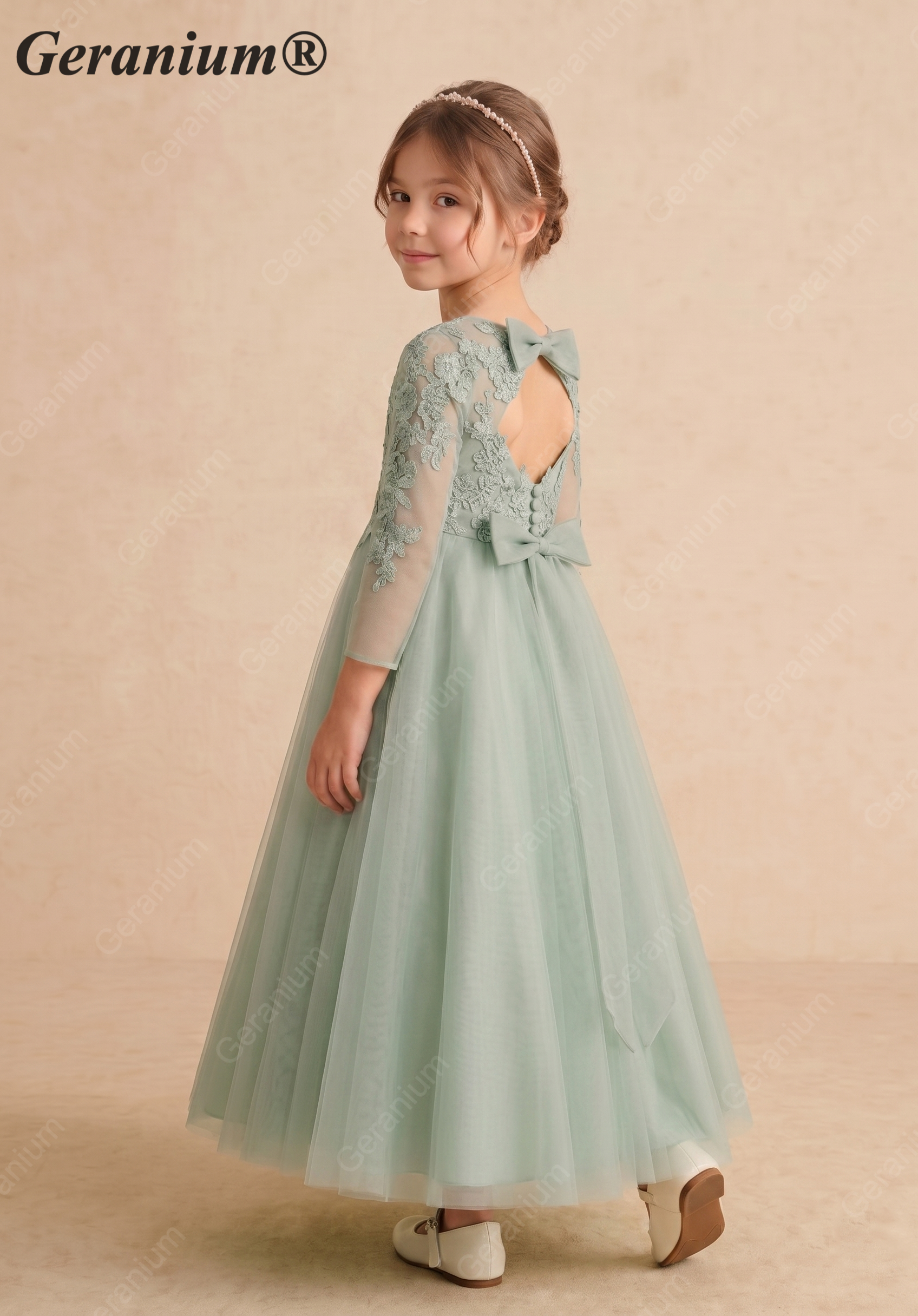 Geranium Sage Green Lace Applique Long Sleeve Flower Girl Dress - Heart Cut-out Back Tulle Princess Gown KD-289